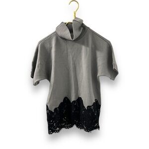 Ramy Brooke Grey Short Sleeve Turtleneck Lace Detail